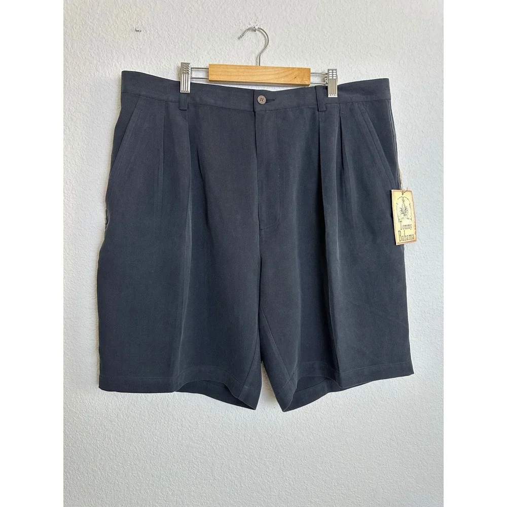 Vintage Tommy Bahama Men 38 Black 100% Silk Herringbone Pleated Relax Shorts NWT